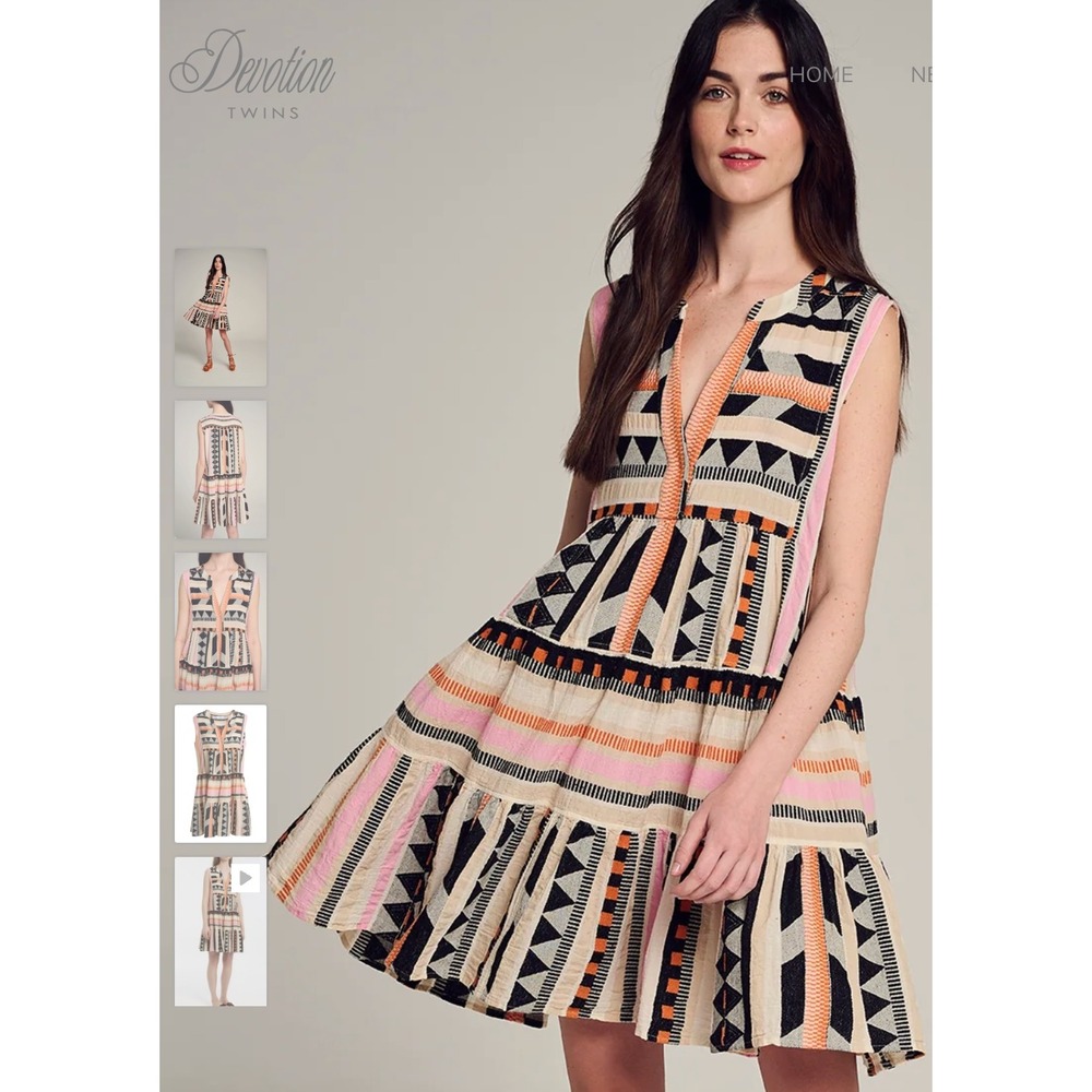 Devotion Twins Sleeveless Tiered Cotton Mini Dress Geometric Pink Orange Small